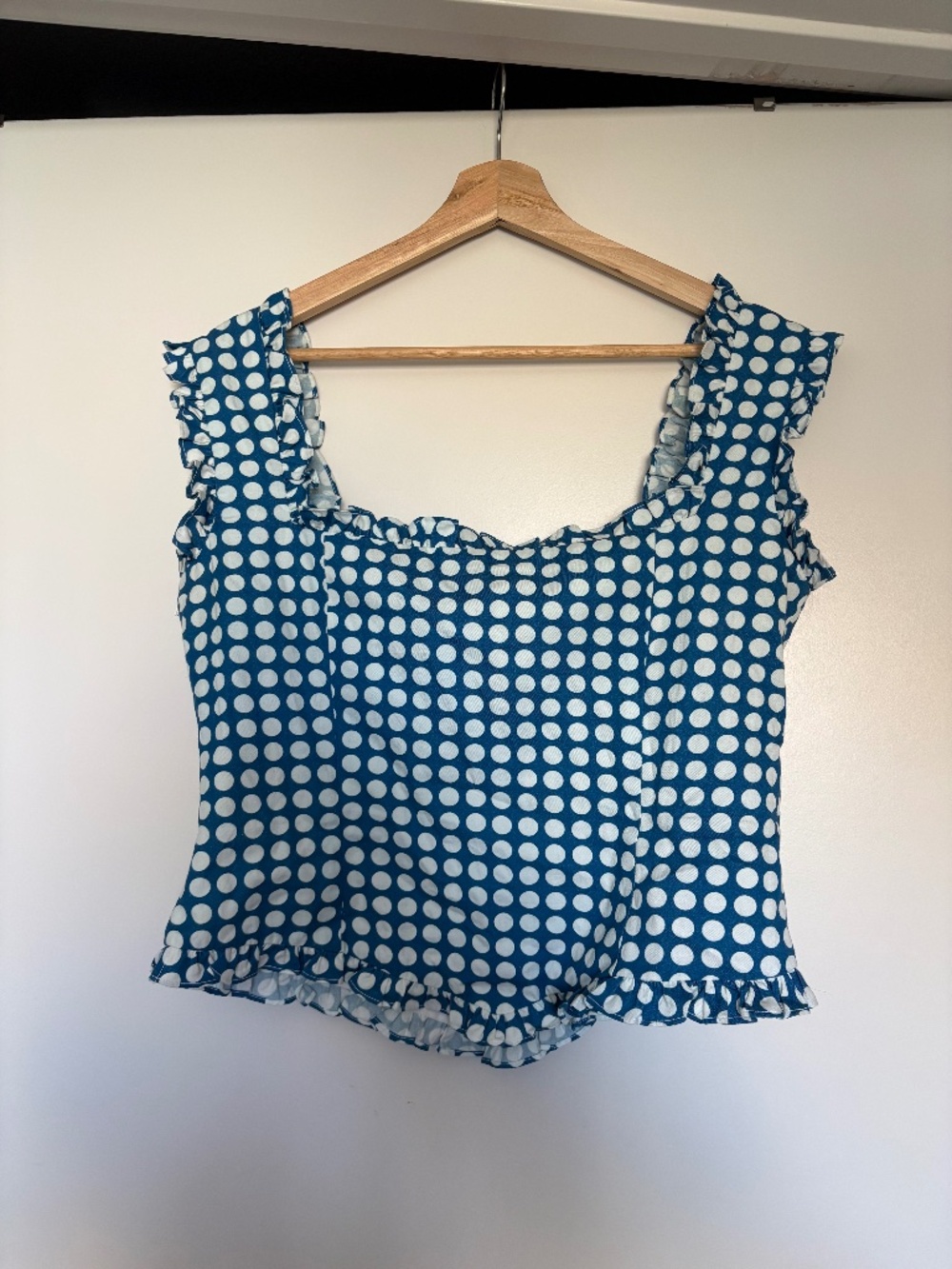 Blue polka dot ruffled corset top
